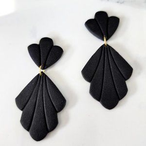Black Textured Statement Polymer clay earrings handmade Lightweight 2.25"